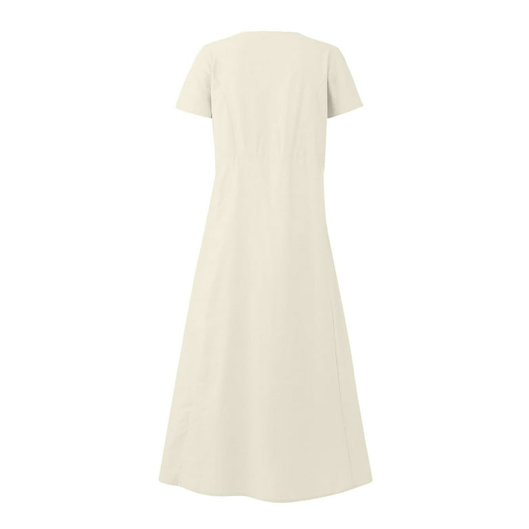Bazeneo Linen Dress with Pockets for Women Ladies Summer Kaftan Cotton Linen V Neck Button Sleeveless Maxi Dress with Pockets UK Casual Plain Long