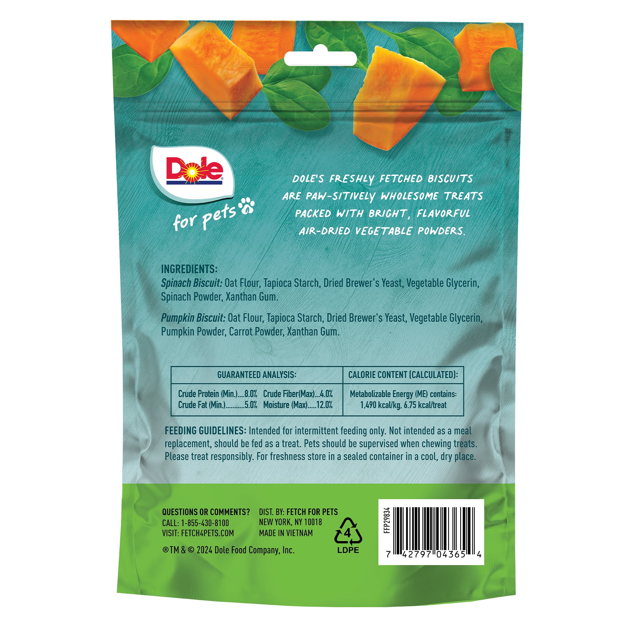 (4 pack) Dole Freshly Fetched Dog Biscuit Treats, Spinach & Pumpkin Flavors, No Wheat, Corn or Soy, 7oz