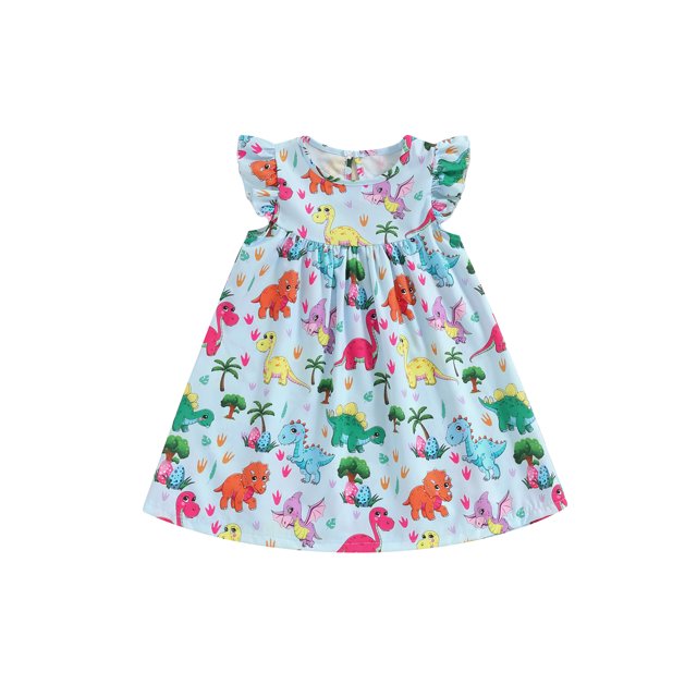 Gupgi Robe Dinosaure pour Filles Manches Volantes Robe d'Été Enfants Filles Robes Amples 1-6 Ans