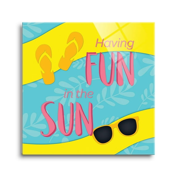 Having Fun Sun Yellow Flipflops Blue 8 x 8 Glass Wall Hanging Sign