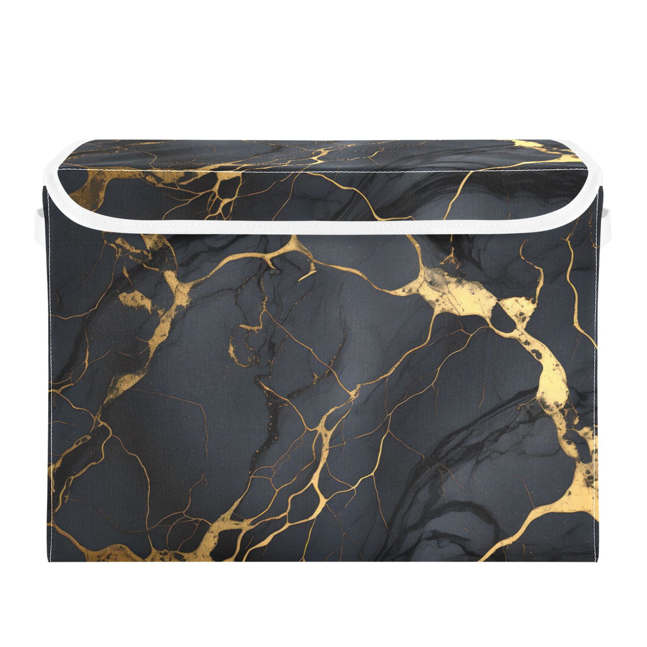 Black and Golden Marble Large Lidded Bin Foldable Storage Baskets Boxes Cubes Lids with 2 Handles for Home Bedroom Office 16.5x12.6x11.8inch