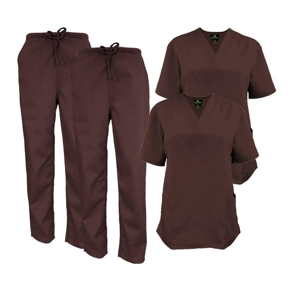 M&M SCRUBS Women Scrub Set V-Neck Medical Scrub Tops and Drawstring Pants - Pack of 2 Set (Chocolate, XX-Small)