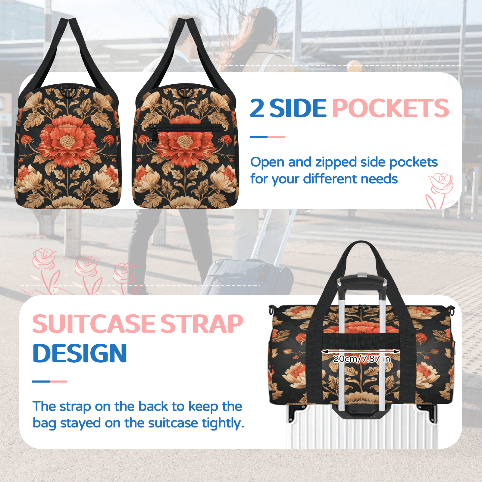 Herdesigns Vintage Gym Bag for Women, Duffle Bag for Travel Sport, Floral Lightweight Waterproof Carry on Weekender Dance Yoga Workout Bags