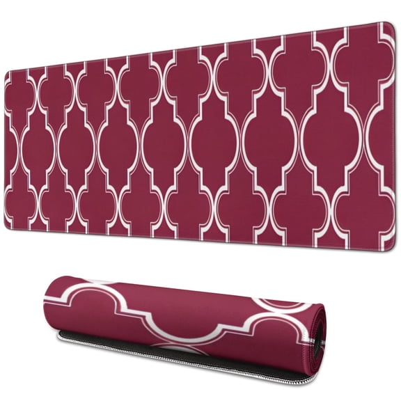 Long Mouse Pads for Desk,Burgundy Geometric Quatrefoil Pattern Desk Mats on Top Of Desks, Desk Mouse Pad Extra Large with 3mm Non-Slip Base and Stitched Edge for Gaming,Office,Work,Home 31.5"x11.8"