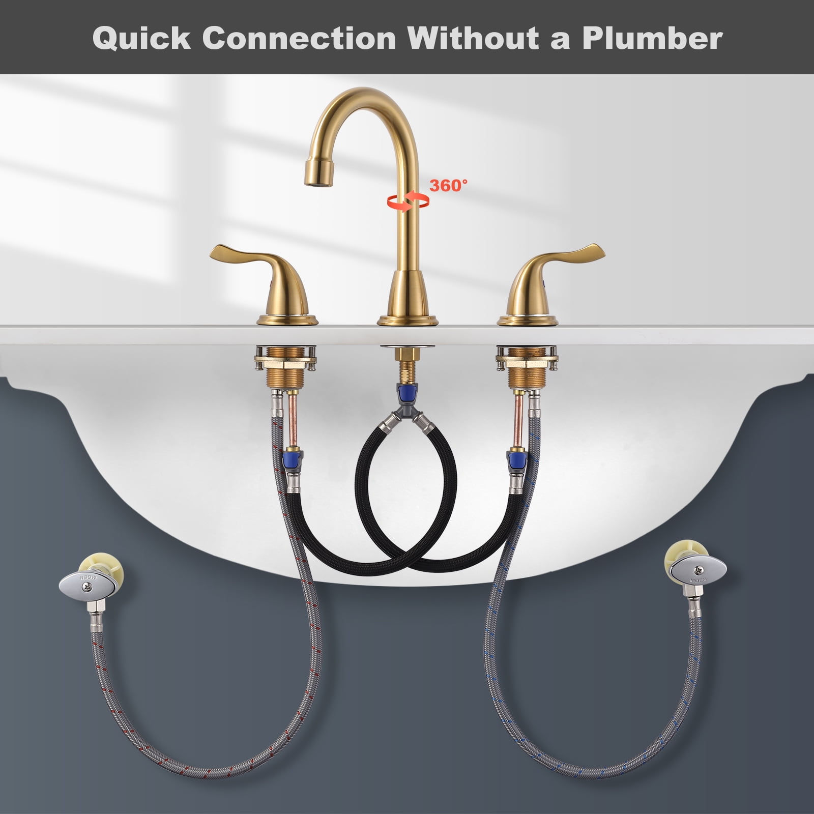 Gold Bathroom Faucet, WOWOW 8 Inch Widespread Bathroom Faucet 3 Hole, 2 Handles Bathroom Sink Bathroom with Drain Assembly, Brushed Gold Faucet for Bathroom Sink