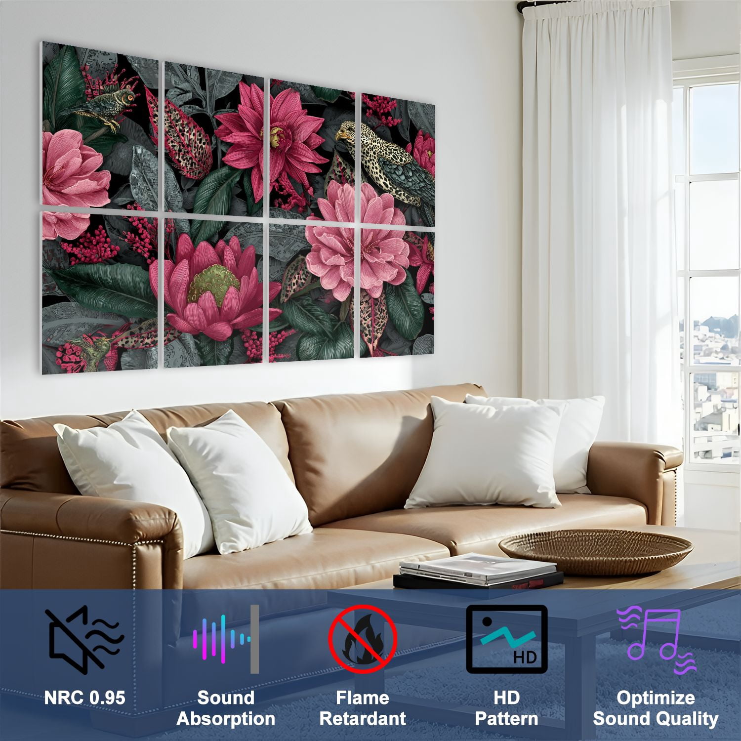 8 Pack Art Acoustic Panels Sound Absorbing Tropical Jungle Vibrant Sunlight Decorative Soundproof Wall Panels Self Adhesive for Nursery Game Room Bedroom 48"x32"
