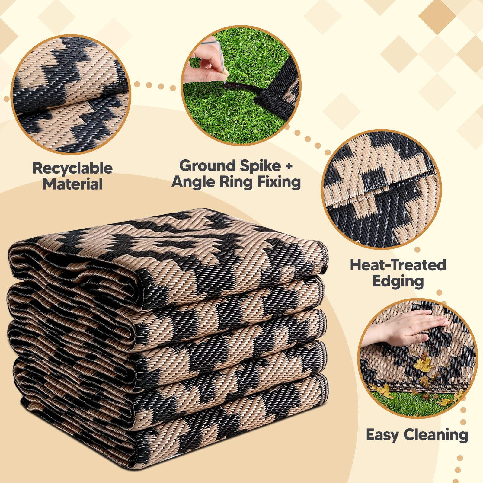 ZRSDIXK 5'×8' Outdoor Rug Waterproof Patio Carpet Outdoor Area Rug Large Plastic Straw Mat for RV Camping Porch Deck Balcony, Black and Brown