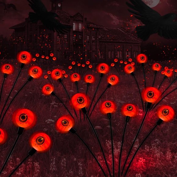 Halloween Decorations Outdoor Solar Scary Eyeball Lights 2PACKS 12LED Green Eyeball Swaying Firefly Lights Waterproof Solar Halloween Path Lights for Yard/Garden/Lawn/Party Decor