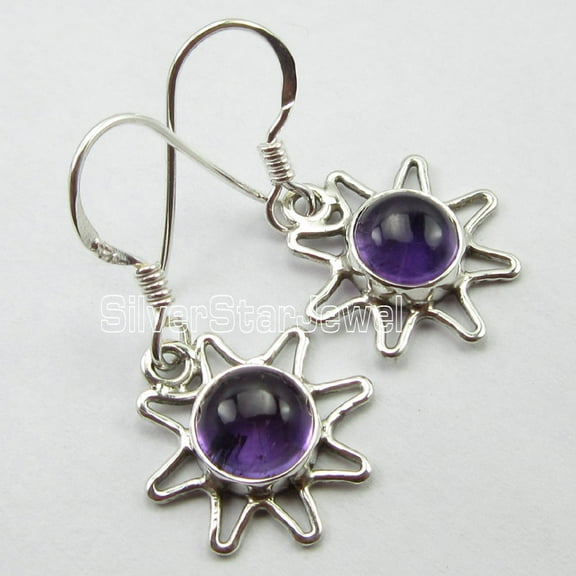 SilverStarJewel 925 Pure Silver Rare Round Purple Amethyst Dangle Star Earrings 1.1" Artisan