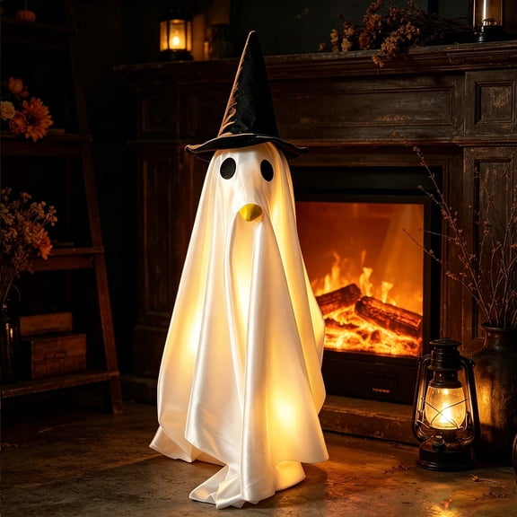 AuroraX Lighted Ghost 23 inch Porch Goose Halloween Outfit , 17-19 inch with String Light Porch Goose Clothes Sets Seasonal Fall Decorations for Home Outdoor Concrete Porch Goose Accessories