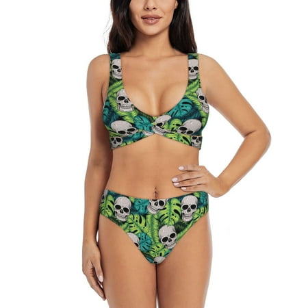 Zeuib Skull and Palm Leaves High Waisted Tummy Control Bikini Set - Knot Front Push Up Top & Cheeky Thong Bottom  Two-Piece Swimsuit for Women-Large