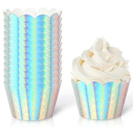 36Pcs Summer Laser Mermaid Cupcake Wrappers Colorful Mermaid Scales Cupcake Liners Decorative Cupcake Holders for Birthday Wedding Party Cake Decoration