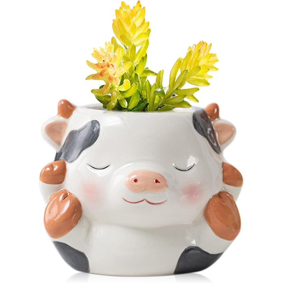 Cute Animals Planter, Mini Ceramic Cartoon Animal Shaped Succulent Flower Pot Indoor Air Plants Holder, Smooth Shiny Decorative Flower Cactus Planter - Plants Not Included (Milk Cow)