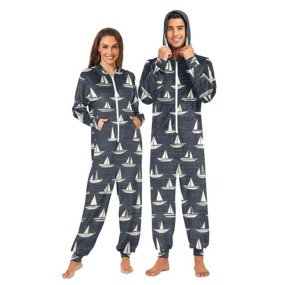 Nautical Sailboat Print Adult onesie Pajamas, Crystal Velvet Ultra Soft Warm Jumpsuit for Men and Women