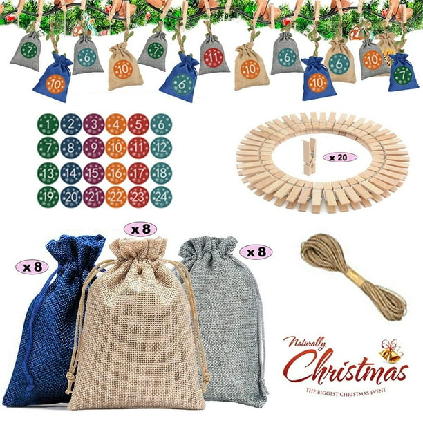Juego de 24 bolsas de regalo de Navidad para manualidades con pegatinas de números de Adviento, bolsas naturales, bolsas de tela, bolsas de regalo para manualidades de bricolaje para hombres y niños Adepaton 2034460-1