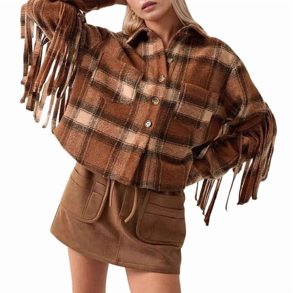 Women's Cropped Plaid Button Down Long Sleeve Shirts Jacket Khaki One Size