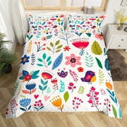 Watercolor Flowers Duvet Cover Rainbow Boho Floral Bedding Set,Garden Botanical Leaf Comforter Cover King,Tree Branches Colorful Jungle Weed Rural Pastoral Style Bohemian Decor