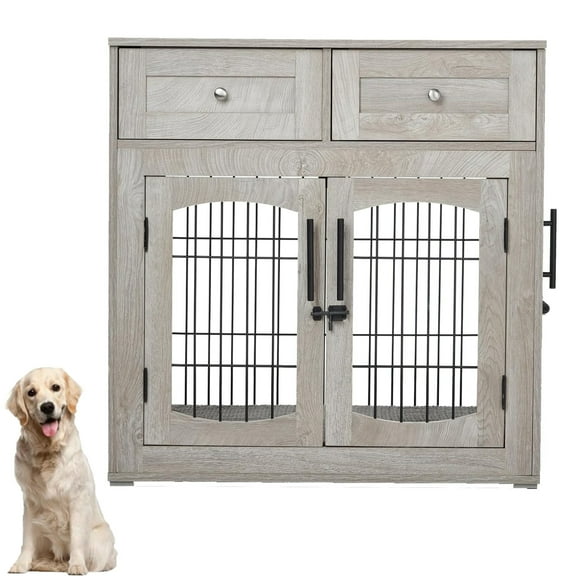 Emorefun Wooden Dog Crate Furniture, 40" Heavy Duty Dog Kennel with Cushion & Drawers for Indoor, Gray