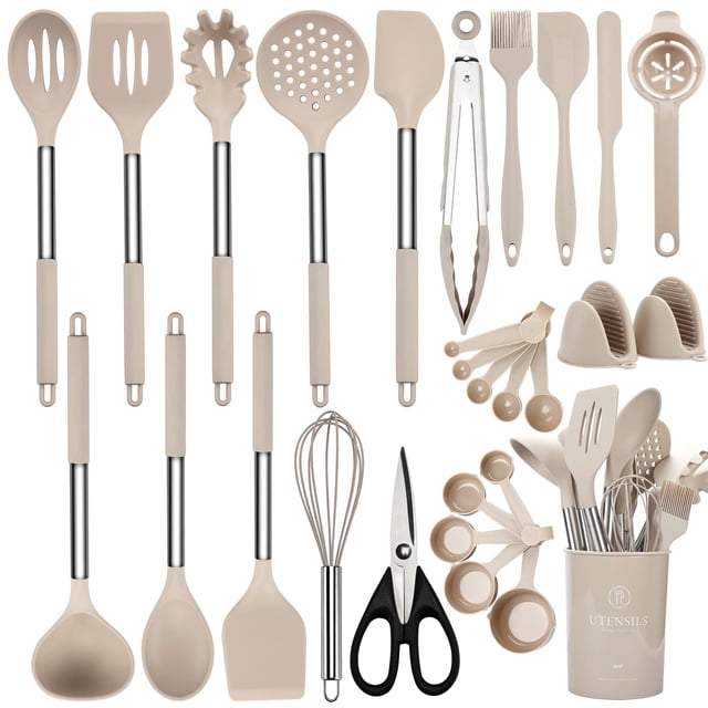Juego de utensilios de cocina NCUE, 28 unidades, silicona con soporte, color caqui