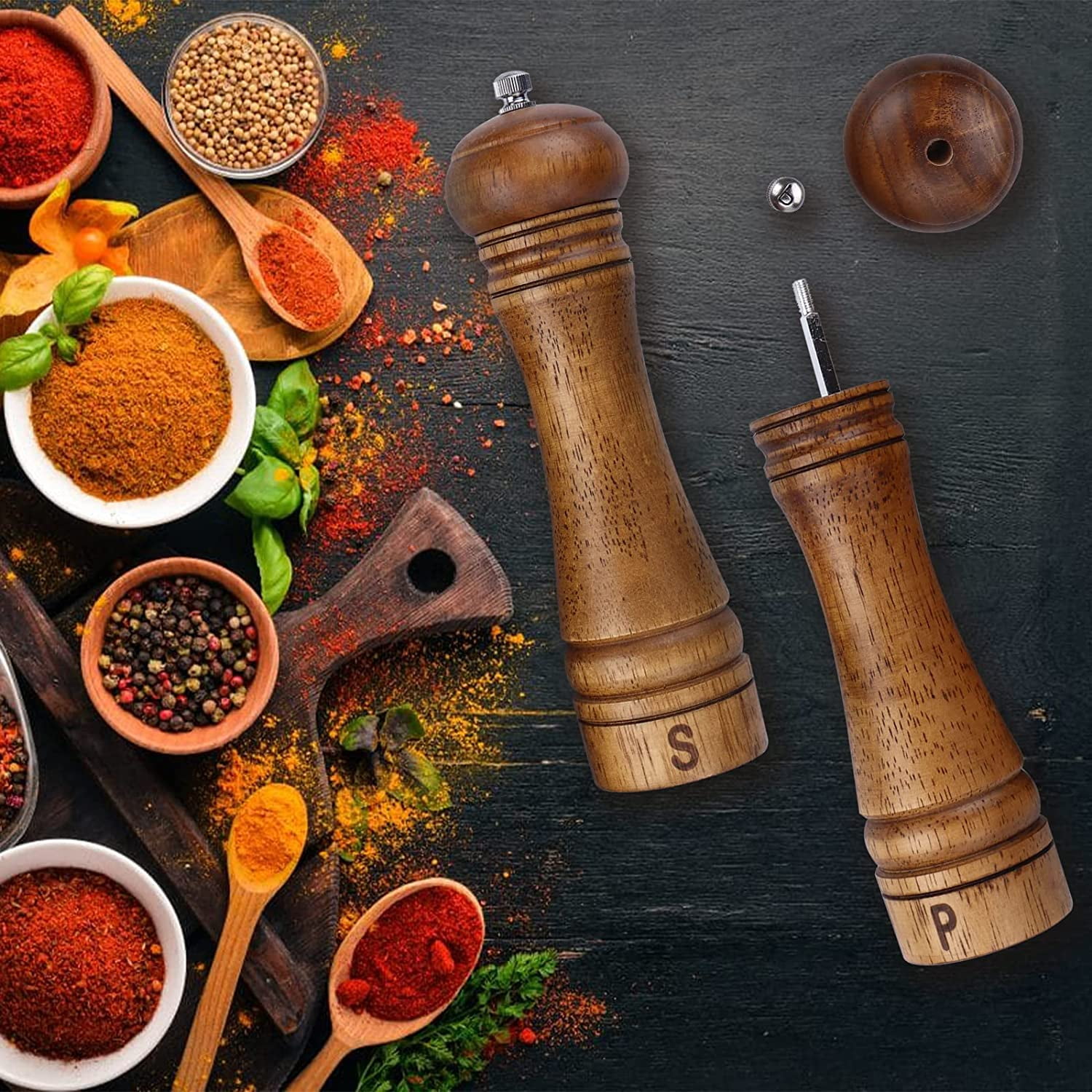 ® Wood Pepper Grinder Pepper Mill,Adjustable Coarseness 8 Inch Wooden Peppermill, Ceramic Grinding Mechanism Salt Mill Refillable (2 pack)