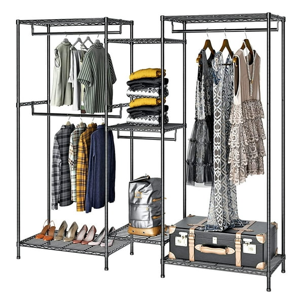 Wire Garment Rack Closet Wardrobe with Hanging Rod, Freestanding Metal Clothes Rack Storage Shelves Max Load 396lbs