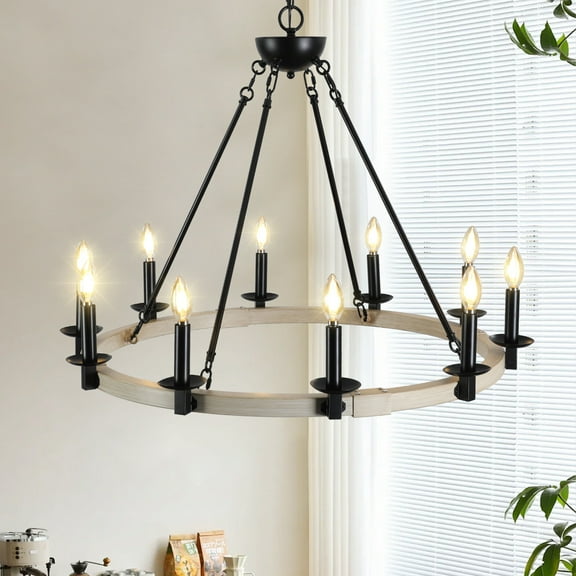 Rustic Farmhouse 10-Light Candle Chandelier, Black Metal and Wood Round Hanging Fixture with Adjustable Hanging Chain for Dining Room, Kitchen, Living Room, E12 Bulb Base (Bulbs Not Included)