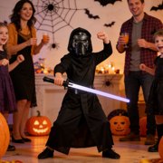 Kids Dark Warrior Halloween Costume Set - 3-Piece Black Outfit with Hood, Mask, Toy Saber & Belt for Boys Cosplay