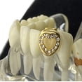 thumbnail image 2 of 14k Gold Plated Heart Shape Tooth Iced One Bottom Single Open Face Hollow Cap Grillz, 2 of 9