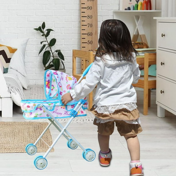 Cochecito de bebé plegable para muñecas, carrito interactivo para niñas, regalo para juego de simulación, juguete para niños, niñas y niños pequeños Azul