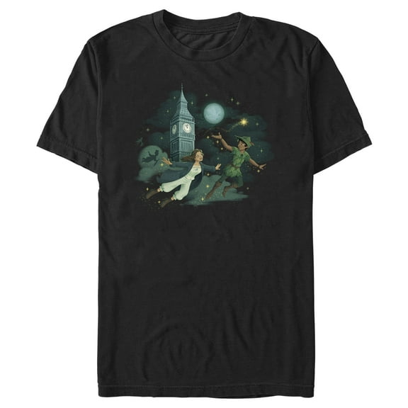 Men's Peter Pan & Wendy Animated Flying Scene Graphic Tee Black Small