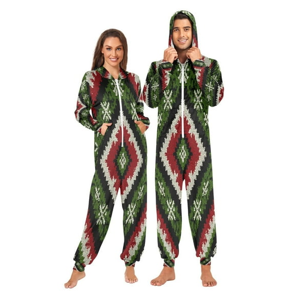 1-Pack Onesie Jumpsuits For Men&Women Winter One Piece Zipper Pajamas Playsuit Green Red Diamonds
