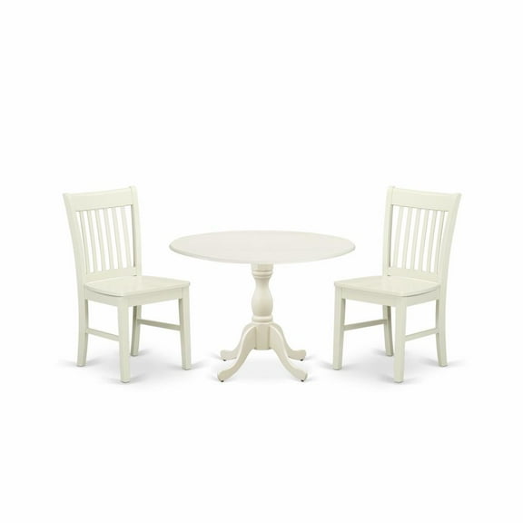 East West Furniture DMNF3-LWH-W 3 Piece Dining Table Set Consists of 1 Drop Leaves Dining Room Table and 2 Linen White Mid Century Chair with Slatted Back - Linen White Finish