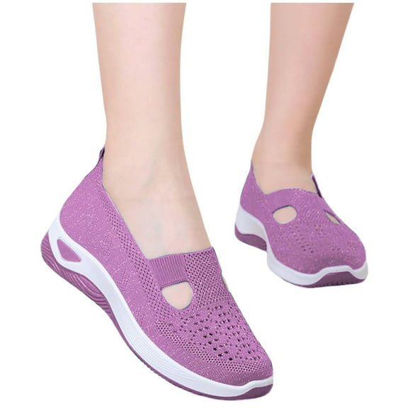 CQONEPT Women's Woven Breathable Soft Sole Shoes - 2025 Non-Slip Walking Slip on Foam Shoes, Lightweight Comfort Platform Mesh Slip in Sneakers Arch Support Size 8.5 Purple