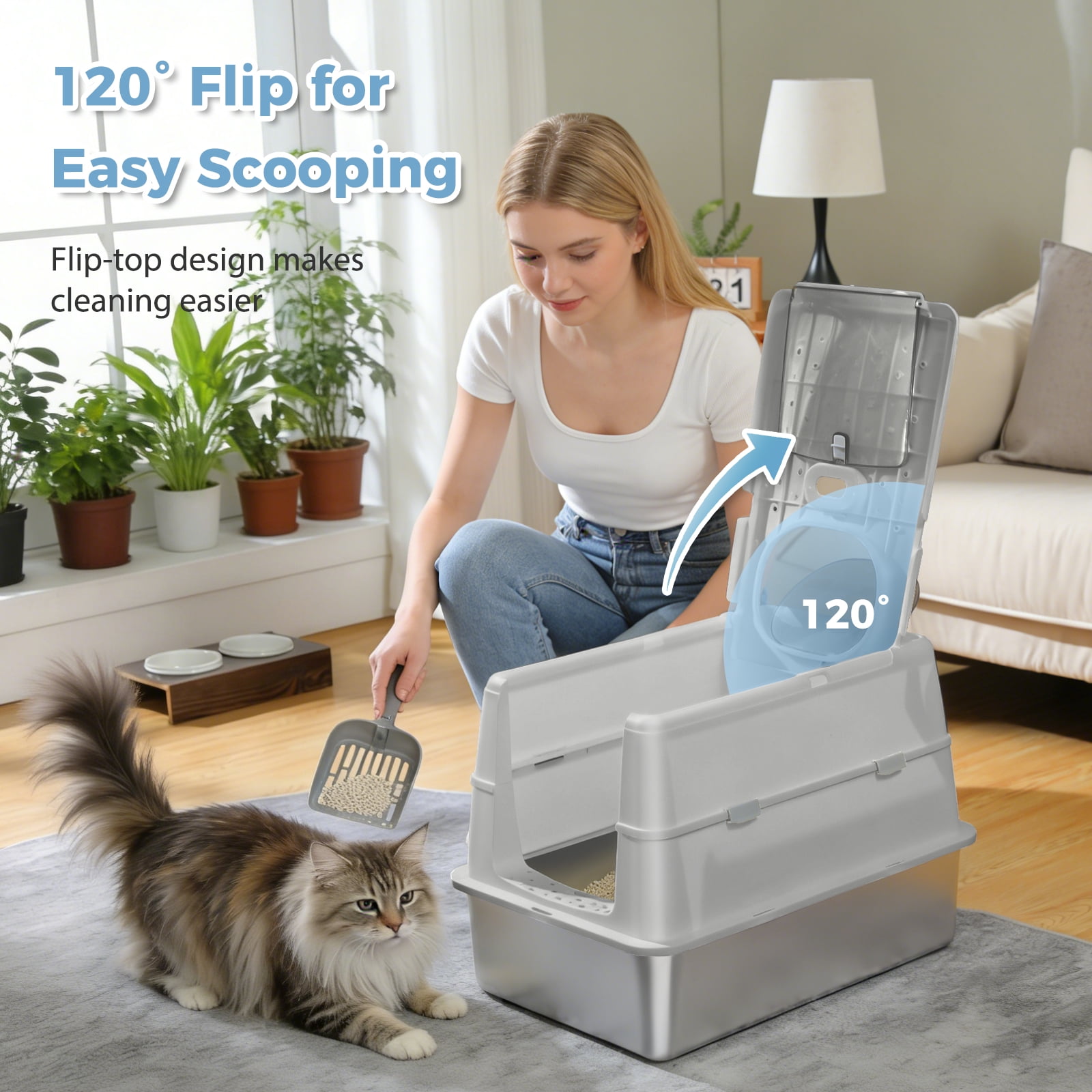 Pefilos 16" High Sides Stainless Steel Cat Litter Box, Anti-Leakage Enclosed Litter Box with Non-Sticky Metal Pan, Scoop, Front & Top Dual Entry for Big Cats, Gray