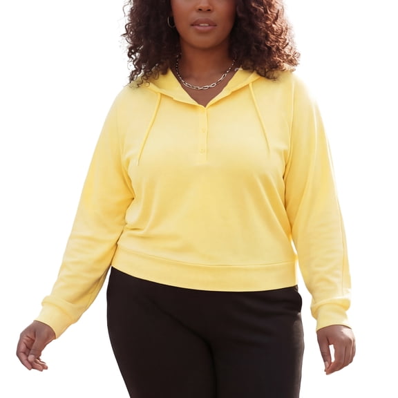 Agnes Orinda Women's Plus Size Hoodies Button Collar Drawstring Blouses Pullover Sweatshirts Long Sleeve Tops Shirts 1X Yellow