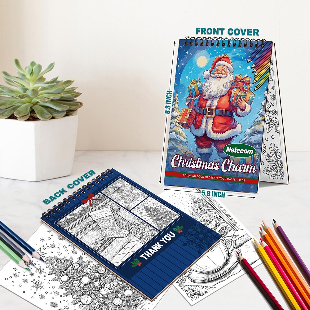 Netecom Christmas Charm Coloring Book Spiral Bound for Adults, A5 Wooden Cover, 30 Delightful Coloring Pages of Festive Holiday Scenes for Stress Relief and Relaxation