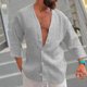 thumbnail image 4 of Camisa De Botones Para Hombre Camisa de botones de manga larga a cuadros para hombre, Top de cuello levantado sin cuello de Color sólido (Grey, L), 4 of 5
