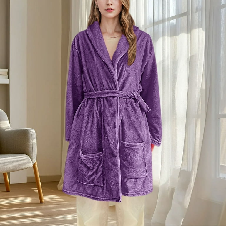 Purple Dressing Gown Hooded Womens Haxmnou Plus Size Womens Fluffy Plush Lined  Bathrobe Nightwear