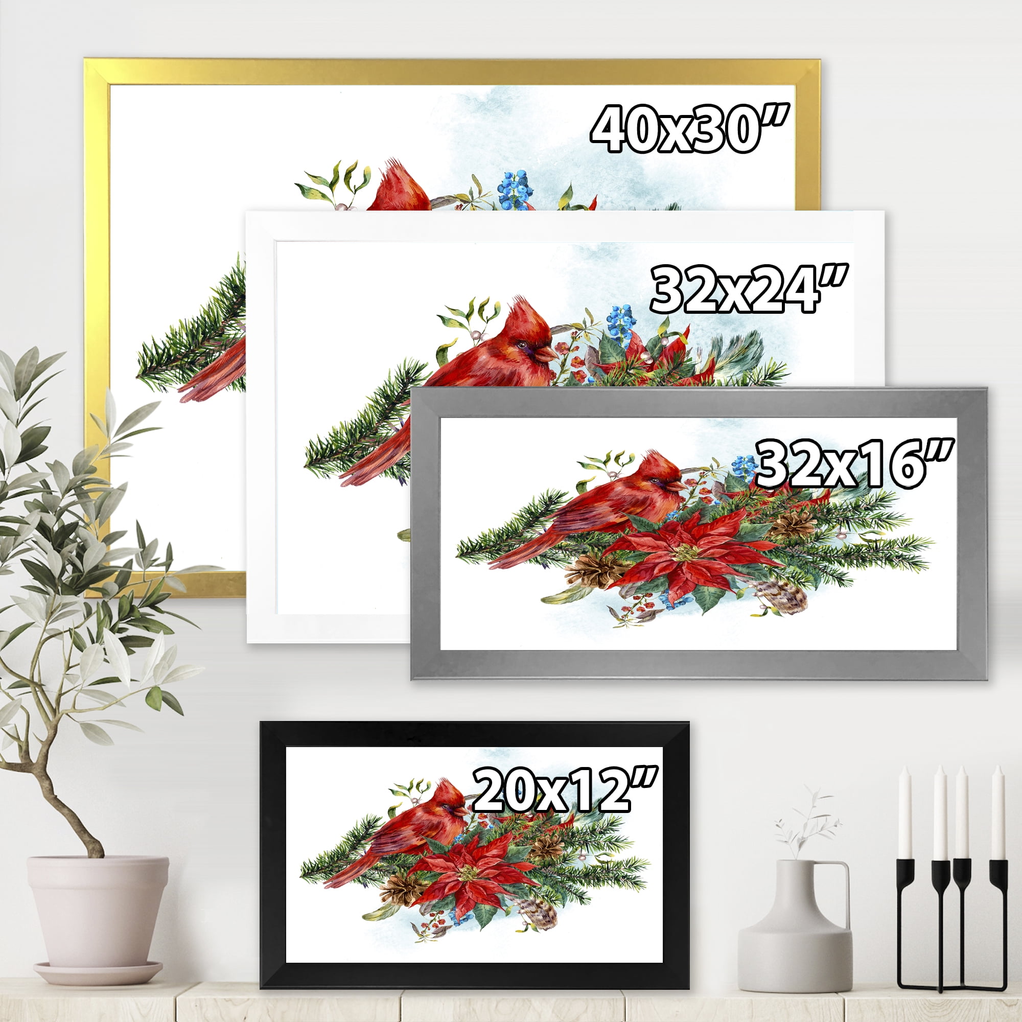 Designart 'Christmas Red Cardinal Bird and Poinsettia' Traditional Framed Art Print