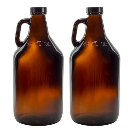 Cornucopia Brands 64oz Amber Glass Growler Jugs /Half Gallon (2-Pack) w/Black Phenolic Lids, Great for Kombucha, Home Brew, Distilled Water, Cider & More