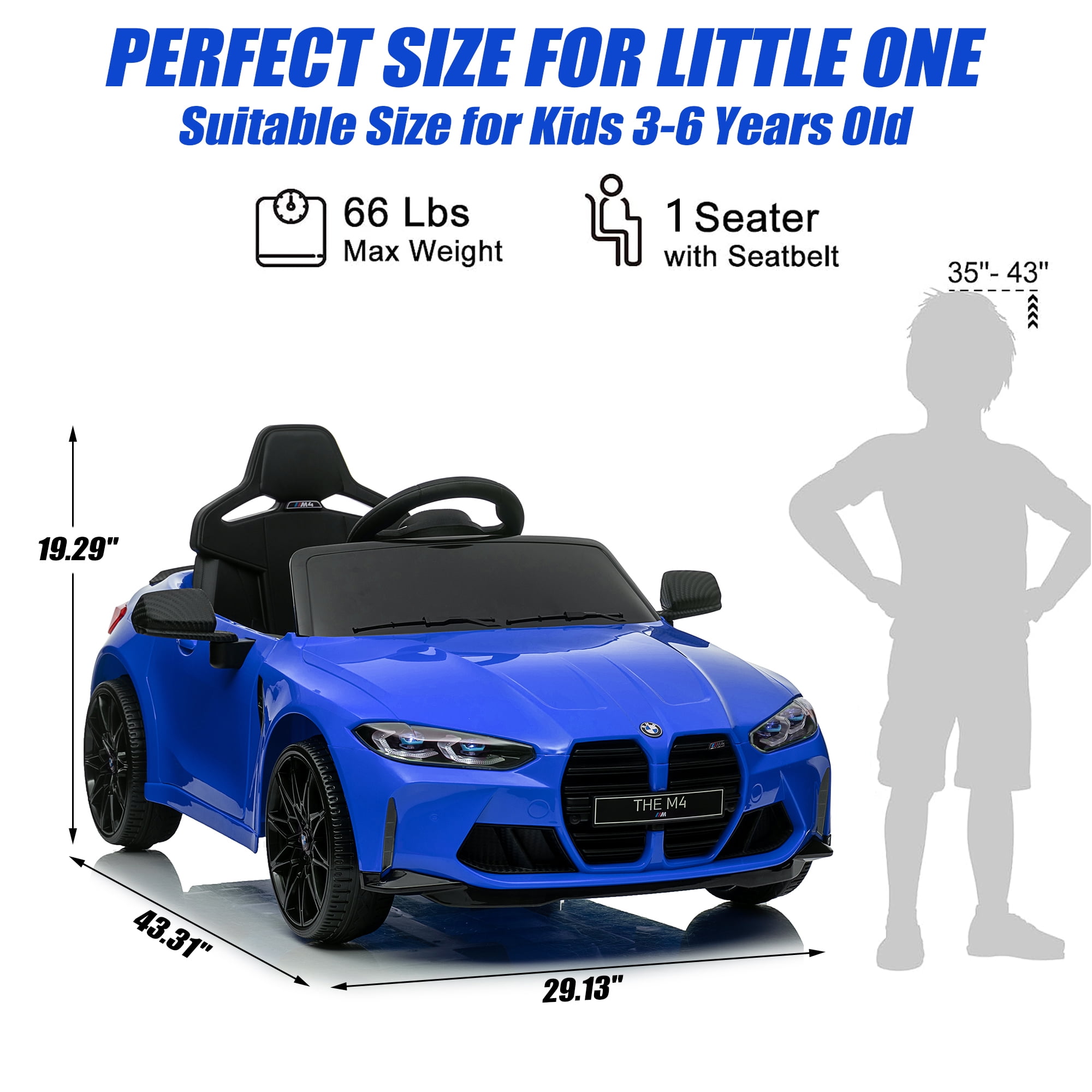 12V Ride on Cars with Remote Control, Licensed BMW M4 Battery Powered Ride on Toys for Kids Boys Girls Gifts, Kids Electric Cars Vehicle with Music, Bluetooth, Story, USB/MP3 Port, LED Light, Blue