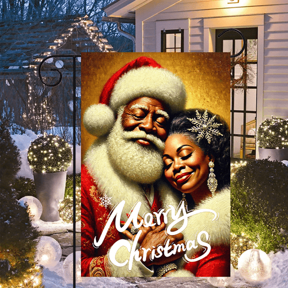 1 piece, double-sided Christmas Garden flag - 2D flat Black Santa Couple pattern design, winter outdoor decoration, very suitable for courtyard, lawn and outdoor decoration, garden decoration, party