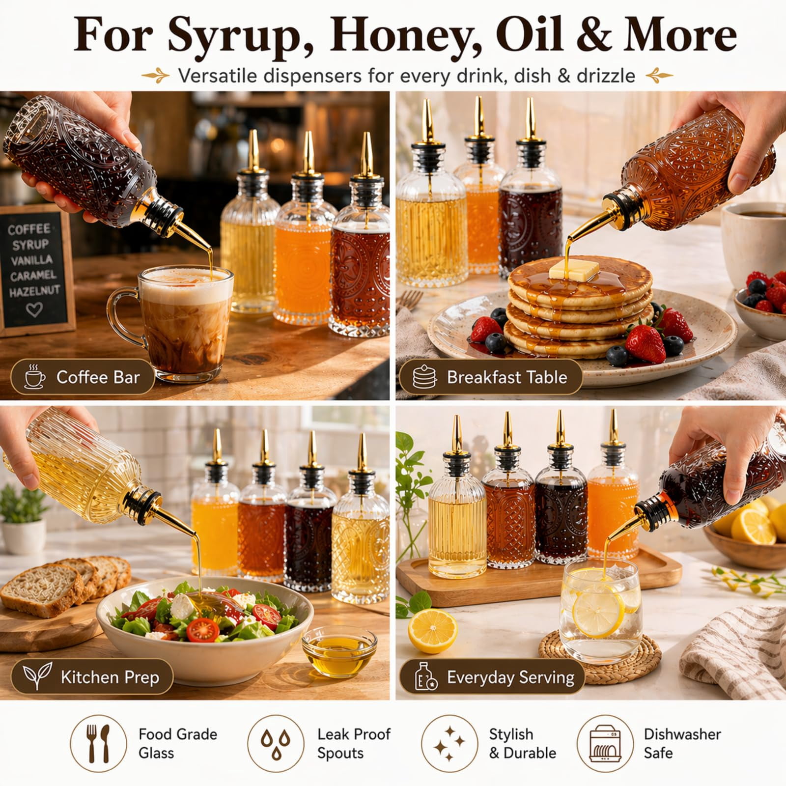 Syrup Dispenser Bottles Set Of 4  Simple Bottle For Coffee Bar Accessories 7 Oz Glass Containers Maple Honey Oil With Metal Pour Spouts & Labels