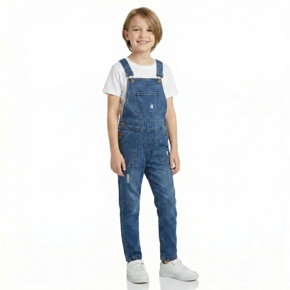 KIDSCOOL SPACE Big Boys Denim Overalls,Ripped Holes Elastic Band Inside Jeans Workwear,Blue,9-10 Years