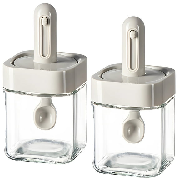 2PCS Spice Jars with Spoon, Retractable Seasoning Containers, Integrated Spoon-Lid Design, Transparent Glass, Kitchen Salt Sugar Organizer, Dustproof Storage