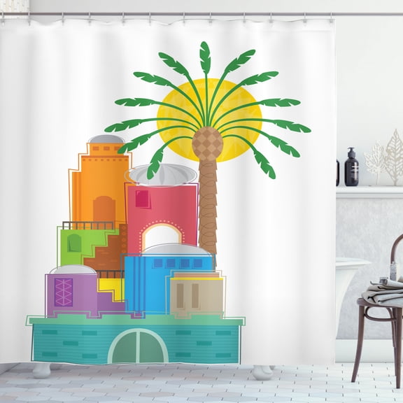 Eastern City Shower Curtain, Colorful Structures with Sun and Tree Old Middle Eastern Architecture, Fabric Bathroom Set with Hooks, 69W X 75L Inches Long, Multicolor, by Ambesonne