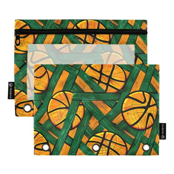 ALAZA 2 Pack Pencil Pouch Stripes Basketballs Pencil Case for 3 Ring Binder Clear Window Pencil Bag Organizers
