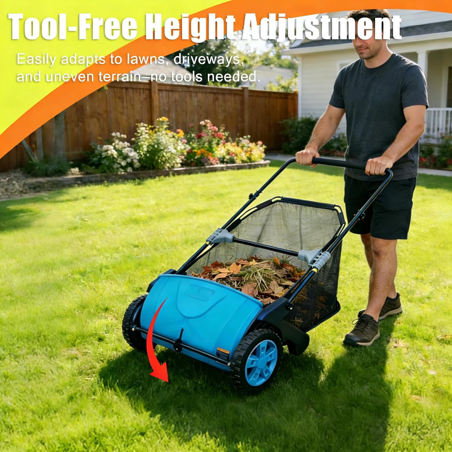 21-Inch Push Lawn Sweeper Yard Leaf & Debris Collector with 3.5 Cu. Ft. Collection Bag, Adjustable Brush Height for Lawns & Driveways, Foldable Storage Design