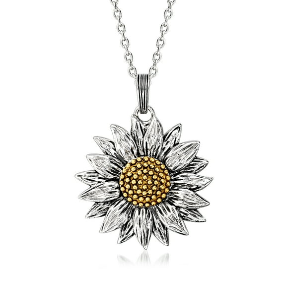 Ross-Simons Sterling Silver and 14kt Yellow Gold Sunflower Pendant Necklace, Women's, Adult