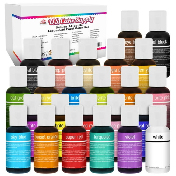 24 Color Primary & Secondary US Cake Supply by Chefmaster Liqua-Gel Paste Cake Color Set 0.7 fl. oz. (20ml) Bottles